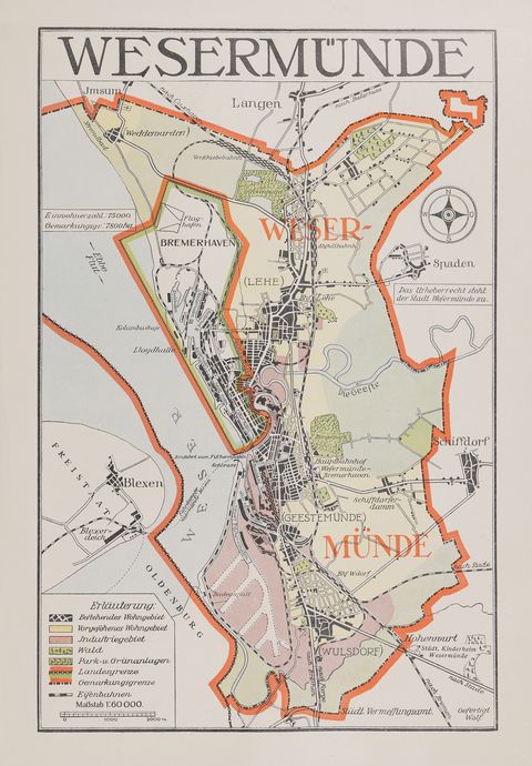 Die Karte dokumentiert die Umschließung des bremischen Bremerhaven durch das preußische Wesermünde im Jahr 1927.