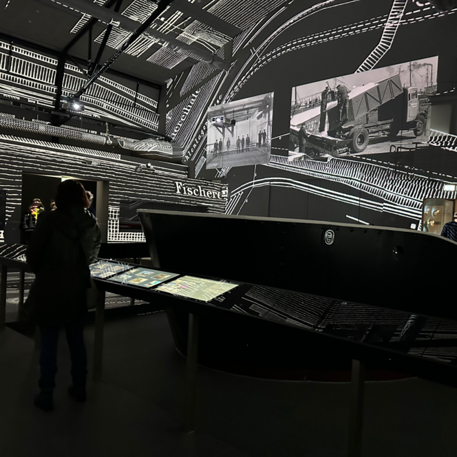 Innenraum des Fischbahnhofs 360° mit interaktiven Bildschirmen und großflächigen Projektionen zur Fischerei.