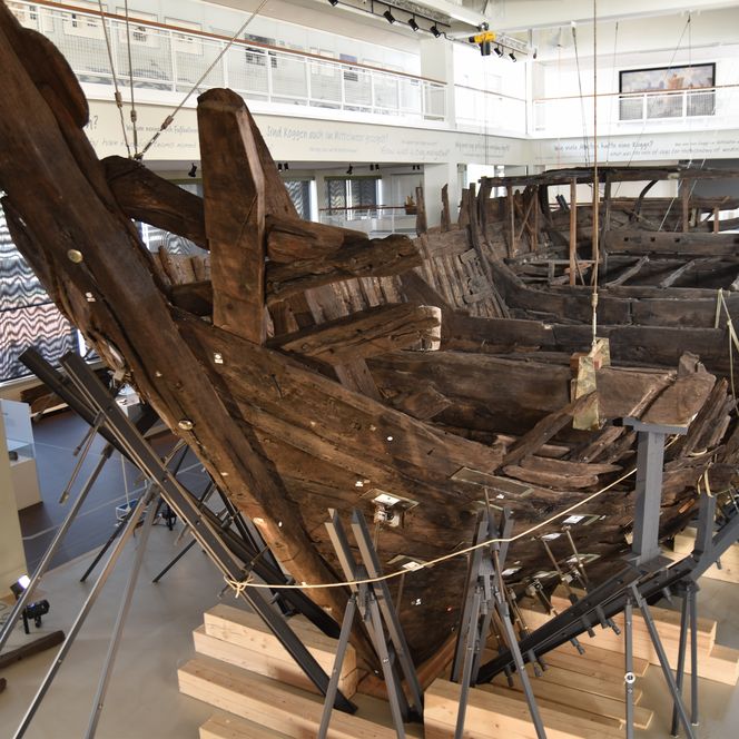 Wrack der Bremer Kogge im Deutschen Schifffahrtsmuseum, getragen von Metallstützen.