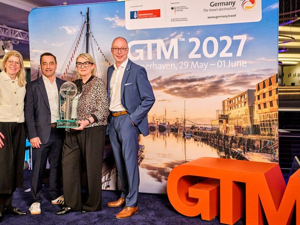 GTM2026_Oberhausen: Julia Grundmann, Bereichsleiterin Internationale Märkte & Kooperationen Mittelstand und Reiseindustrie; Michael Gerber, Geschäftsführer Erlebnis Bremerhaven GmbH; Petra Hedorfer, Vorsitzende des Vorstandes der Deutschen Zentrale für Tourismus e.V.; Rainer Suhr, Leiter Tourismus und Marketing OWT Oberhausener Wirtschafts- und Tourismusförderung GmbH