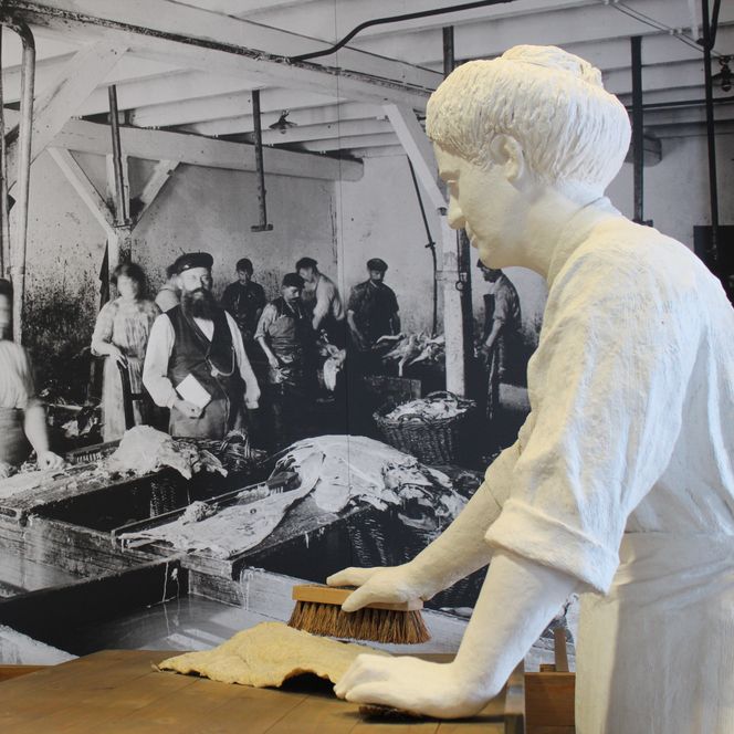 Skulptur einer Arbeiterin vor historischem Foto einer Fischverarbeitungshalle in Bremerhaven