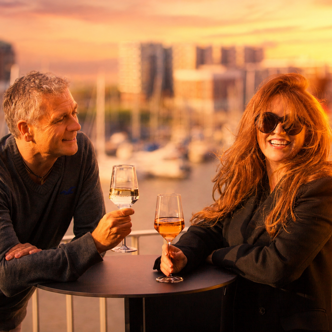 Ein Pärchen auf der Terrasse der New York Bar in Bremerhaven beim Sonnenuntergang
