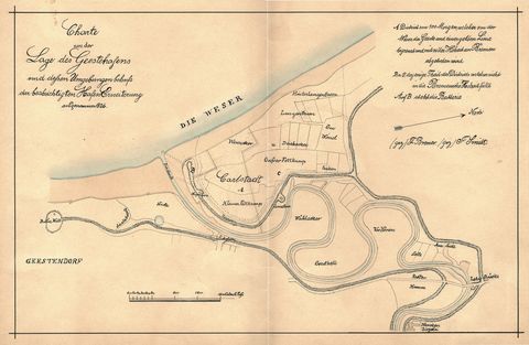 Die Karte von 1826 zeigt die hannoversche Gebietsabtretungen an Bremen, die durch den Vertrag vom 11. Januar 1827 vollzogen wurden.