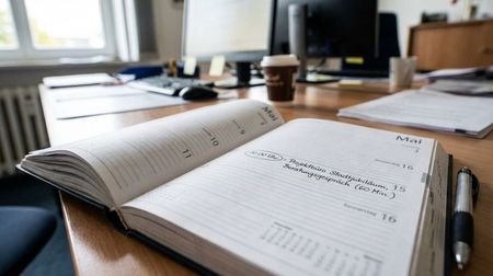 Ein offener Kalender auf einem Schreibtisch