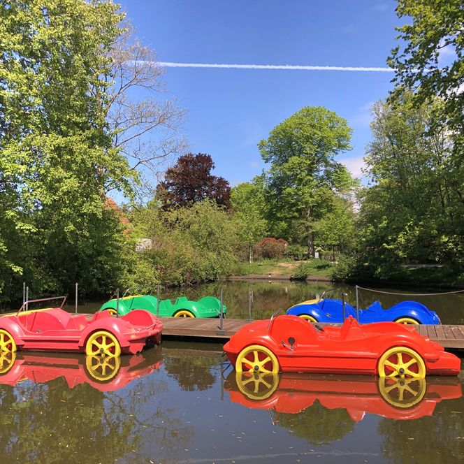 Rote, grüne und blaue Tretboot auf dem Bootsteich im Bürgerpark Bremerhaven