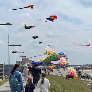 Drachenfest in Bremerhaven. Fliegende Drachen am Deich.