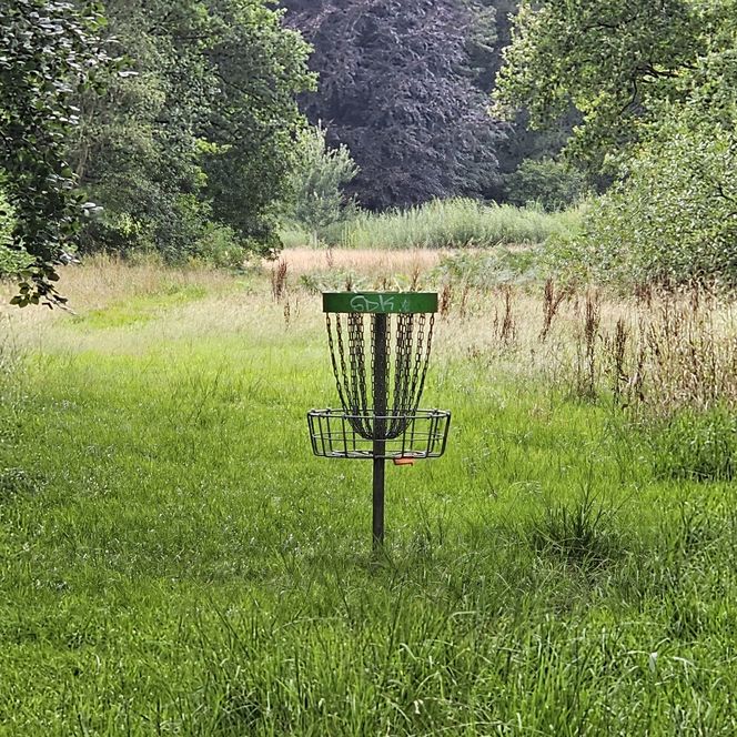 Disc-Golf-Korb auf einer grünen Wiese im Bürgerpark Bremerhaven, umgeben von Bäumen und hohem Gras.