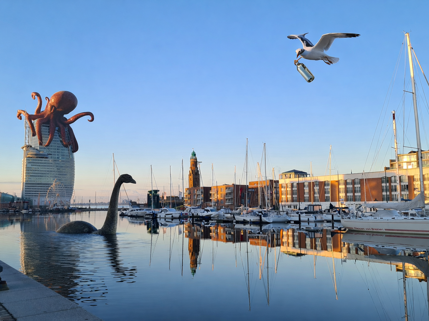 Havenansicht von Bremerhaven mit Oktopus auf dem Hotel und Loch Ness im Wasser
