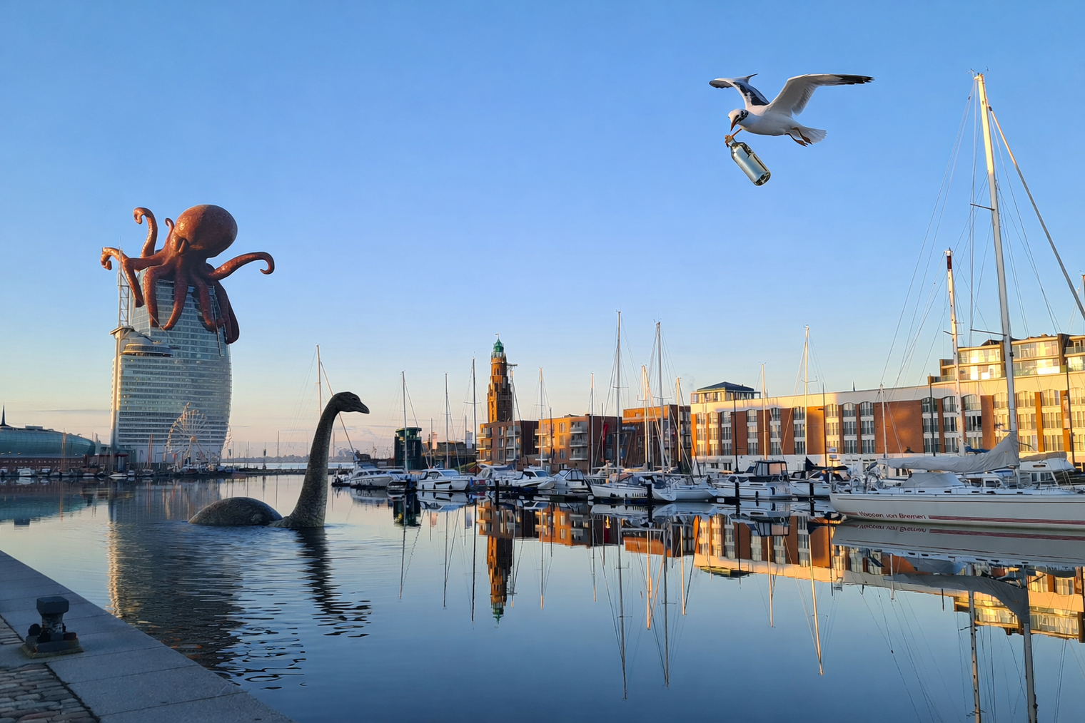 Havenansicht von Bremerhaven mit Oktopus auf dem Hotel und Loch Ness im Wasser