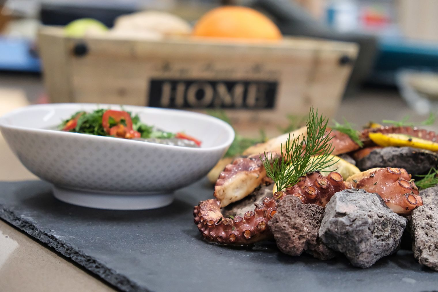 Schieferplatte mit Lavasteinen und Tintenfischarmen