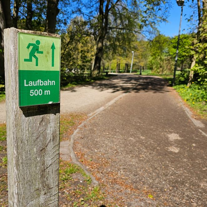 Holzpfosten mit grünem Schild Laufbahn 500 m am Rand eines Weges im sonnigen Park unter Bäumen.