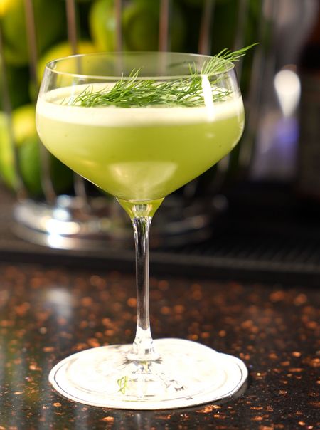 Hellgrüner Cocktail in einem Coupéglas, garniert mit frischen Dillzweigen, auf einer dunklen Bartheke stehend