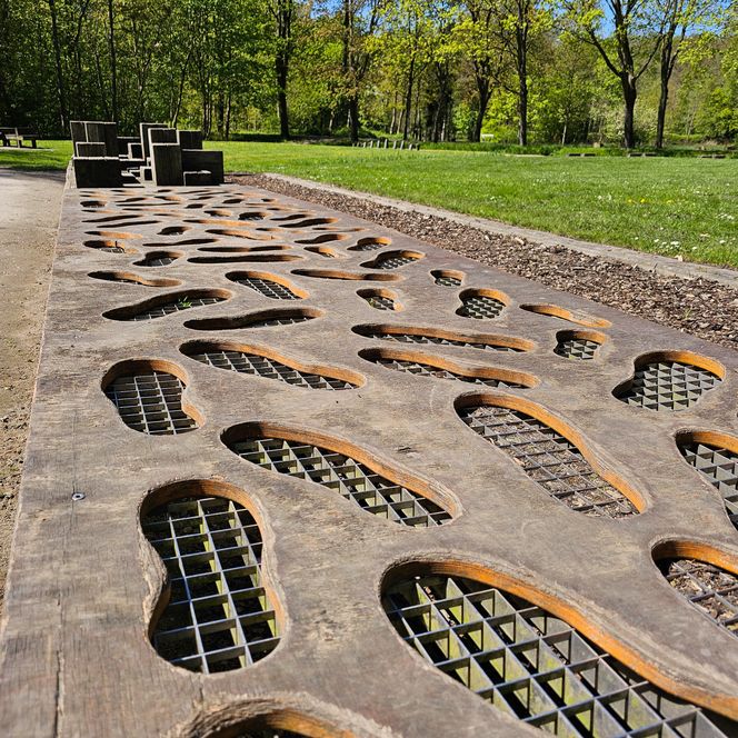 Flaches Holzbrett mit fußförmigen Aussparungen und Metallgittern auf einem Rasen im grünen Park.