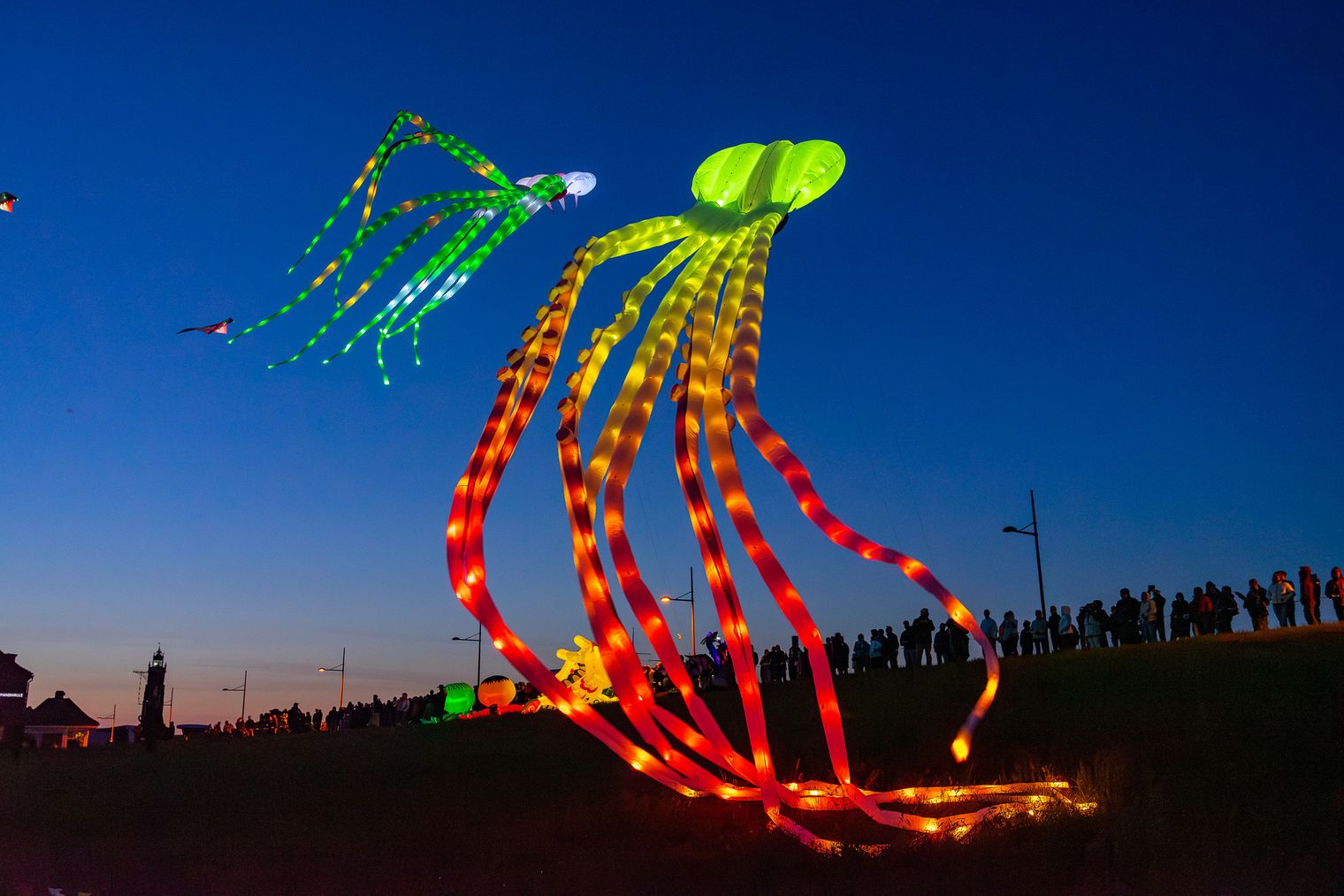 Drachenfest in Bremerhaven. Fliegende Drachen am Deich.