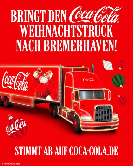 Leuchtend roter Coca-Cola Weihnachtstruck mit Lichterketten-Umrandung und Weihnachtsmann-Abbildung auf der Seite. Darüber der Schriftzug: „Bringe den Coca-Cola Weihnachtstruck nach Bremerhaven!" Unten der Hinweis: „Stimme ab auf Coca-Cola.de".