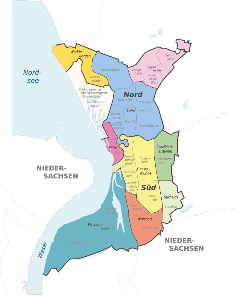 Die Stadtteile Bremerhavens auf einer Karte eingezeichnet