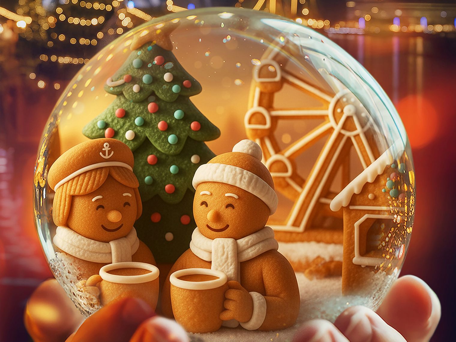 Weihnachtsmarkt Bremerhaven 2025 - Zwei Lebkuchenmännchen stehen vor einem Lebkuchenhaus und trinken heißen Glühwein