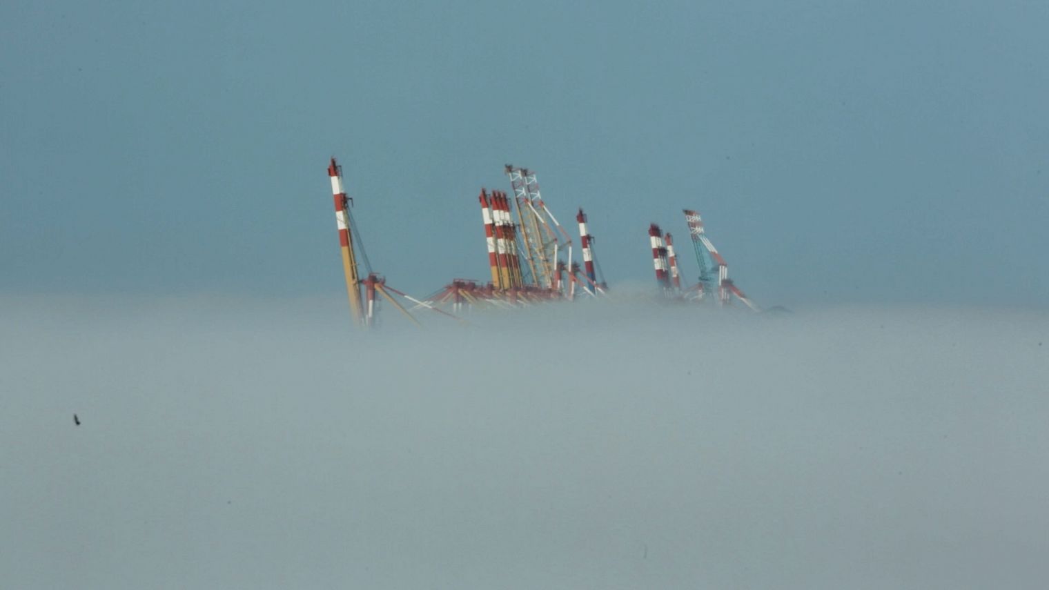 Verladekräne ragen aus dem Nebel