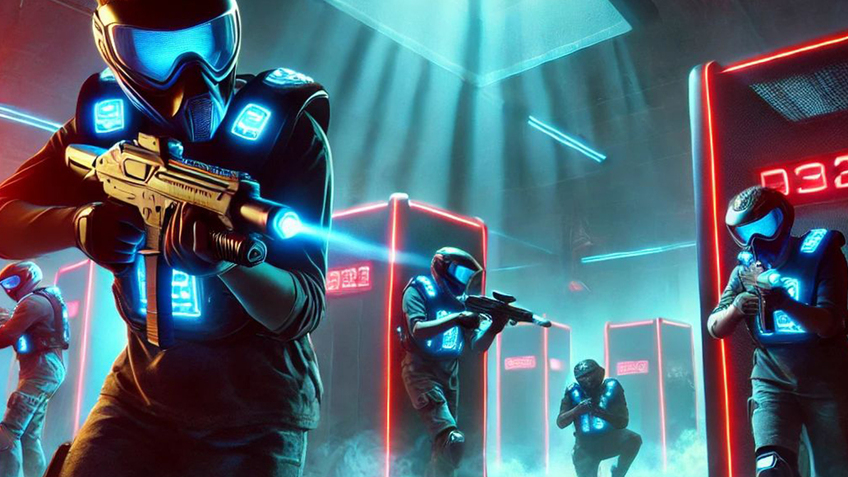 Lasertag-Spieler mit leuchtenden Westen und Waffen in einer futuristischen Arena.